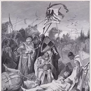 King Rudolf I of Germany over the body of King Ottokar II of Bohemia after defeating him at the Battle on the Marchfeld, Austria, 1278 (engraving)