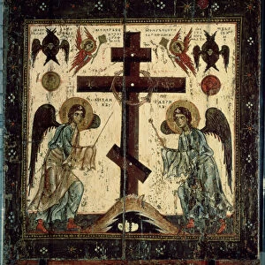 L adoration de la Croix (The Adoration of the Cross). Deux anges adorant la croix russe orthodoxe. Icone russe, tempera sur bois, entre 1130 et 1200, art de Novgorod (Russie). State Tretyakov gallery, Moscou (Russie)