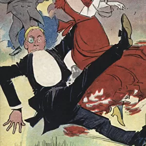 Lady and gentleman falling at a ball (colour litho)