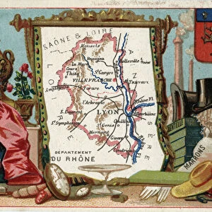 Le Rhone (69), Rhone Alpes (Rhone-Alpes), France. Local speciality: silk, brown, lace. Series on the French Departments. Chromolithography (Chromo) " the geographic thread", circa 1920. Private collection