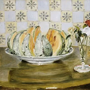 Still life of a melon and a vase of flowers, c. 1872 (oil on canvas)