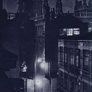 London at night: Red Lion Passage and Rolls and Records Office, Chancery Lane (b / w photo)
