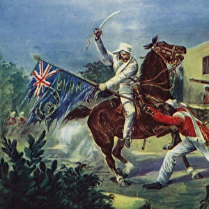 Lord Roberts fighting two sepoys over the British standard at Khudaganj, for which he was awarded the Victoria Cross during the Indian Mutiny, 1857 (colour litho)