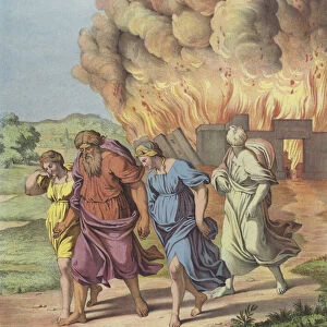 Lot and his family fleeing the destruction of Sodom (colour litho)