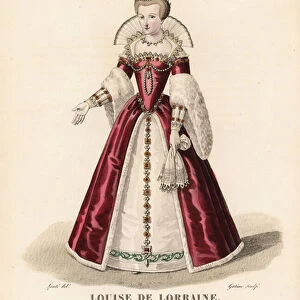 Louise of Lorraine, wife of King Henry III of France, 1534-1601. She wears a small cap headdress, upright lace collar, especially decorated with pearls and jewels, fur sleeves, and embroidered petticoat. She holds a lace handkerchief