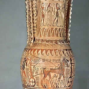Loutrophoros depicting a sphinx, various figures and a parade of chariots, Proto-Attic, c
