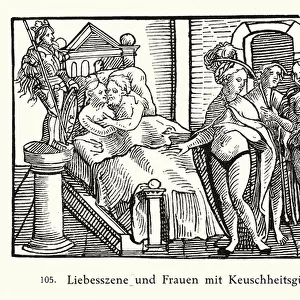 Lovers and women wearing chastity belts (woodcut)