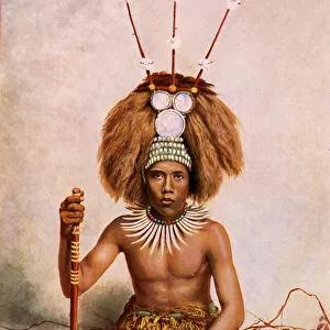 A Manaia, the son of a Samoan chief (Matai) wearing a tuiga head dress
