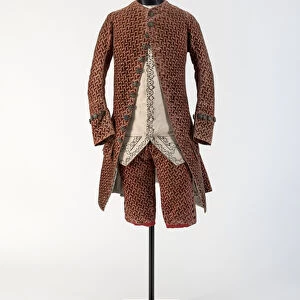 Mans red woven velvet coat and breeches, 1750s (velvet)