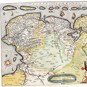 Map of the Netherlands with the cities of Groningen and Leeuwarden, 1570 (engraving)