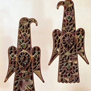 Merovingian Art: Pair of fibules (surete pin) aqualiformes (eagles)