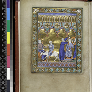 MS 300 f. Vv, David, enthroned, sends Solomon to Sadoc and Nathan who crown and anoint him