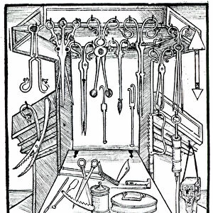 Operating table and surgical instruments, from Das Buch der Cirugia