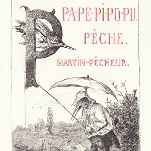 P: PA PE PI PO PU - Peach -- Kingfisher - Daisy - Fish - Basket -- Parasol, 1879 (engraving)