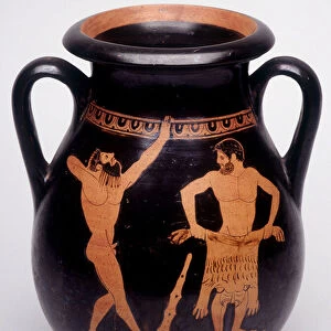 Painting on vase: Heracles (Hercules) is preparing to coat the lions skin