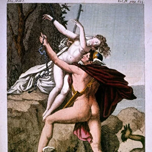 Perseus liberates Andromeda - in Dizionario mitologico, 19th century engraving, Bibl