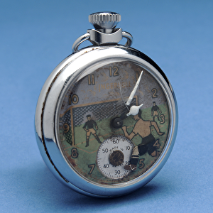 Pocket watch with a pictorial face depicting a footballer (metal)