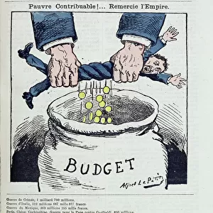 Poor Taxpayer!... Thank the Empire, cartoon criticising the cost of the wars of the Second Empire (1852-70), from Le Sans Culotte, 1879 (colour litho)