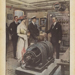 In the port of Seville, Guglielmo Marconi receives the Sovereigns of Spain aboard his magnificent... (colour litho)