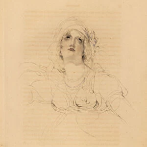 Portrait of Lady Emma Hamilton, mistress of Horatio Nelson, 1765-1815. In see-through dress, looking up, with loose turban. Hand-tinted engraving by Frederick Christian Lewis after an illustration by Sir Thomas Lawrence from P. G