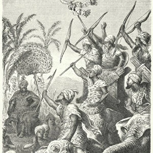 Porus, King of the Pauravas, reviewing his war elephants (engraving)
