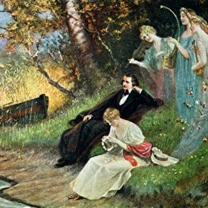 Postcard depicting Robert Schumann (1810-56) with Muses, c. 1910 (colour litho)
