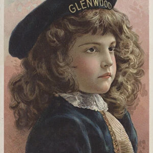 Pretty girl with curly brown hair and a cap bearing the name Glenwood (chromolitho)