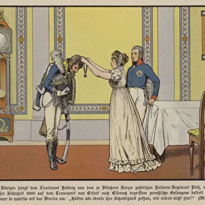 Queen Louise of Prussia awarding Lieuteneant Hellwig the Order Pour la Merite, Memel, 1807 (colour litho)