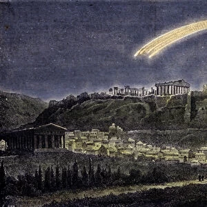 Representation of a comet above the town of Athenes in 1878