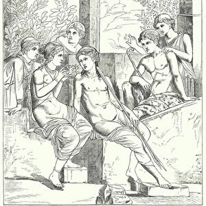 Roman erotic wall painting from Pompeii (engraving)