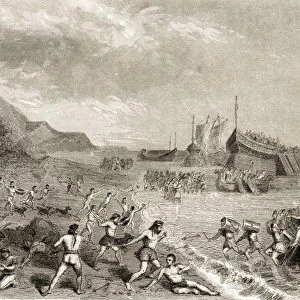The Romans landing on the Island of Mallorca in 123 BC (engraving)