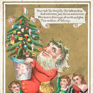Santa carrying Christmas Tree, Christmas Card (chromolitho)