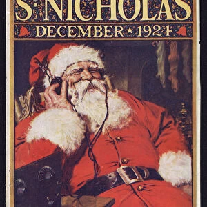 Santa Claus listening to the radio (colour litho)