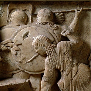 Scene of the Gigantomachy: Ares and Hermes fighting the dragon. 525 BC (relief)