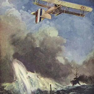 A seaplane bombing a submarine (colour litho)