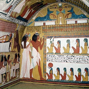Sennedjem and his wife facing a naos containing twelve divinities