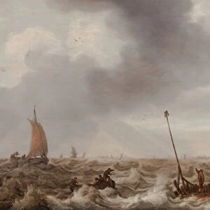 Shipping in Choppy Seas Along the Coast with a Jetty, Beacon, and a Town in the Distance, c. 1600-55 (oil on panel)