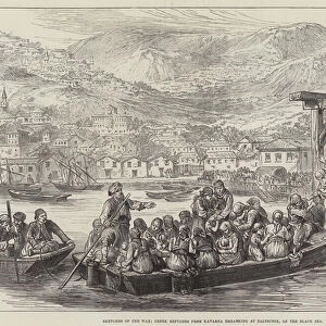 Sketches of the War, Greek Refugees from Kavarna embarking at Baltschik, on the Black Sea (engraving)
