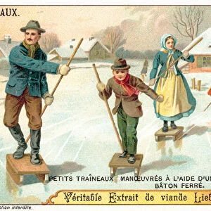 Small sledges manoeuvred with the aid of a pole (chromolitho)