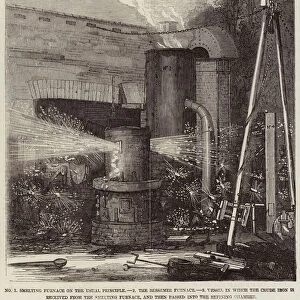 Smelting Furnace on the Usual Principle; The Bessemer Furnace; Vessel in which the Crude Iron is received from the Smelting Furnace, and then passed into the Refining Chamber (engraving)