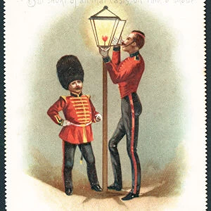 Soldiers lighting Gas Lamp, Christmas Card (chromolitho)