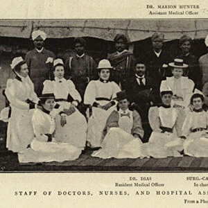 Staff of Doctors, Nurses, and Hospital Assistants at the General Plague Hospital, Poona (b / w photo)