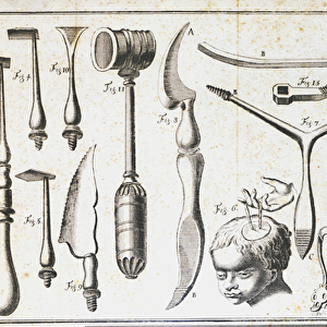 Surgical board representing different types of surgical instruments, hammer, scallop