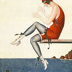 Swimmer on diving board, Illustration from "La Vie Parisienne", 1920 (colour Litho)