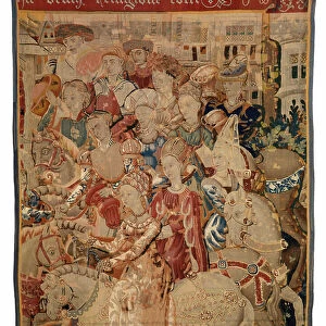 Tapestry fragment with ladies and gentlemen on horseback, or Paris Returning with Helen, or The Return from the Campaign, 1450 (wool)