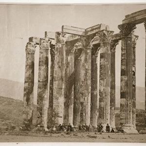 Tourists sitting amongst ruins, Greece, 1880s (sepia photo)