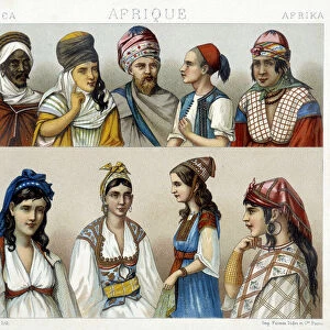Traditional costumes and headdresses of men and women in Algeria