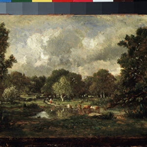 Vaches a l abreuvoir (Cows at watering place). Peinture de Theodore Rousseau (1812-1867). Huile sur bois, 14, 5 x 23 cm, milieu des annees 1850. Ecole francaise de Barbizon. Musee des Beaux Arts Pouchkine, Moscou