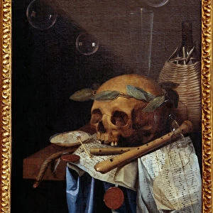 Vanite still life of skull crown of laurels, flutes, score and wine jug