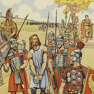 Vercingetorix surrenders to Julius Caesar, 52 BC (colour litho)